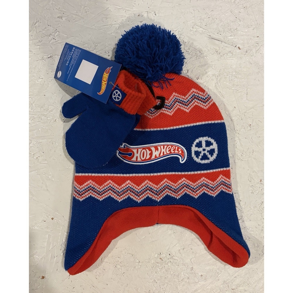 Hot Wheels Kids Size OS Blue Red Hot Flames Wheels Gloves Beanie Hat Set